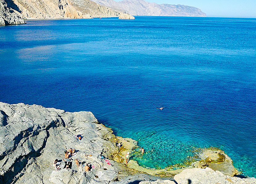 Do not miss swimming in Agia Anna when you have visited the monastery of Panagia Hozoviotissa on Amorgos in Greece.