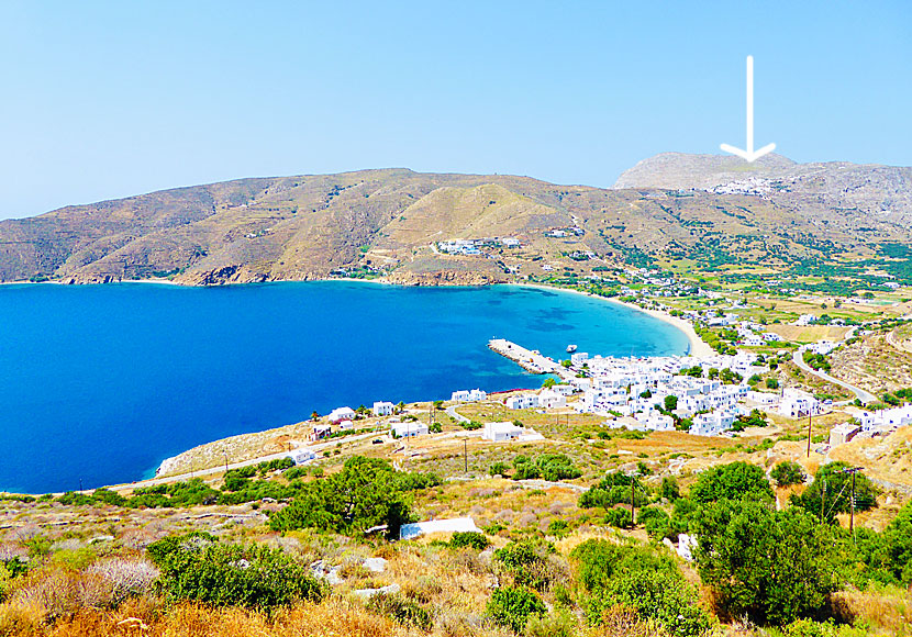 View of the bay of Aegiali and the villages of Tholaria and Potamos on northern Amorgos.