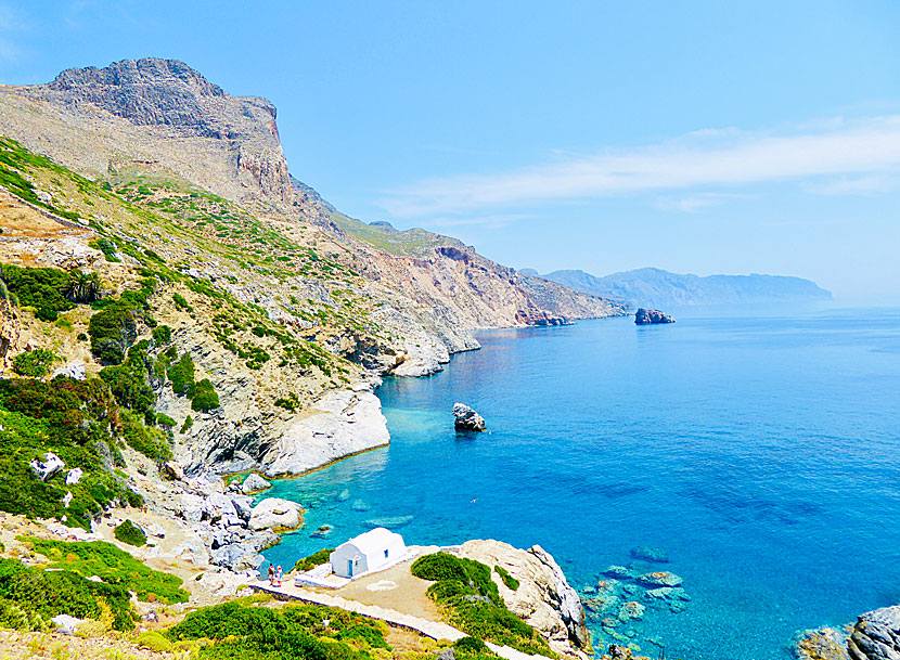 Agia Anna and the monastery of Panagia Hozoviotissa below Chora on Amorgos in the Cyclades.