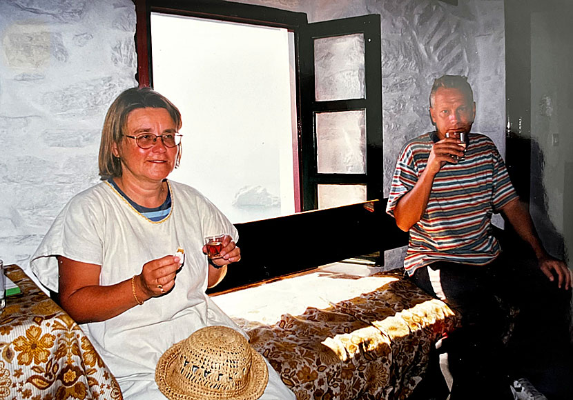 The monastery on Amorgos offers monastery liqueur, water and sweets by the monks.
