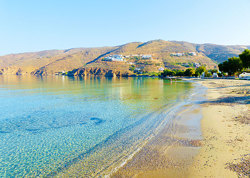 The sandy beach in Agiali in one direction an early morning in June.