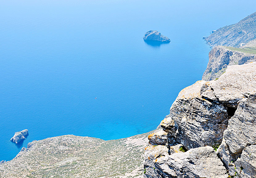 View from Profitis Ilias over The Big Blue, Agia Anna beach and the island of Megalo Viokastro on Amorgos in the Cyclades.