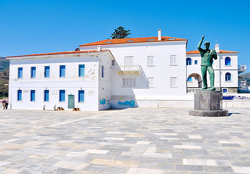 The Unknown Sailor stands in Riva Square at the Maritime Museum in Chora on Andros.