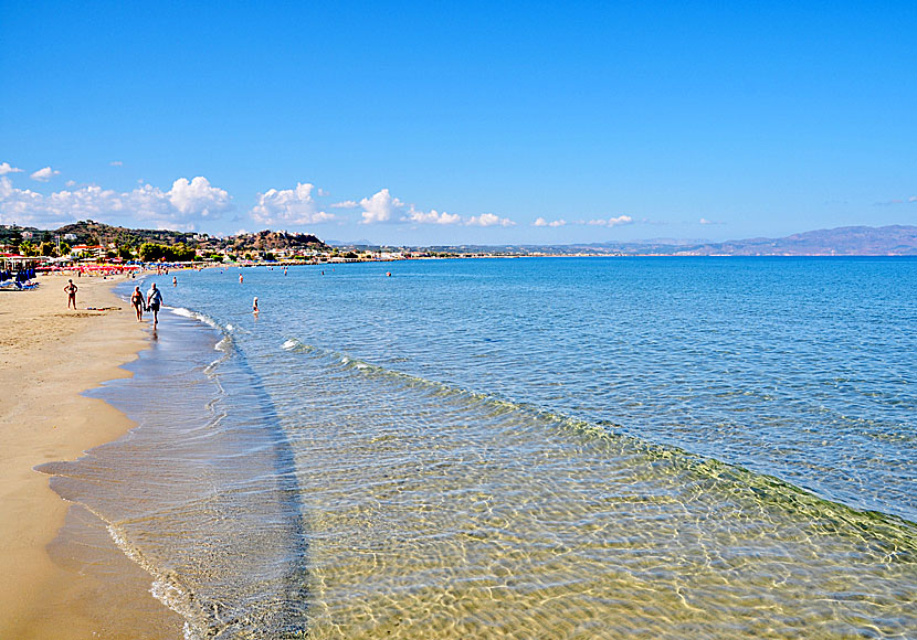 The long child-friendly beach of Agia Marina west of Chania in Crete.