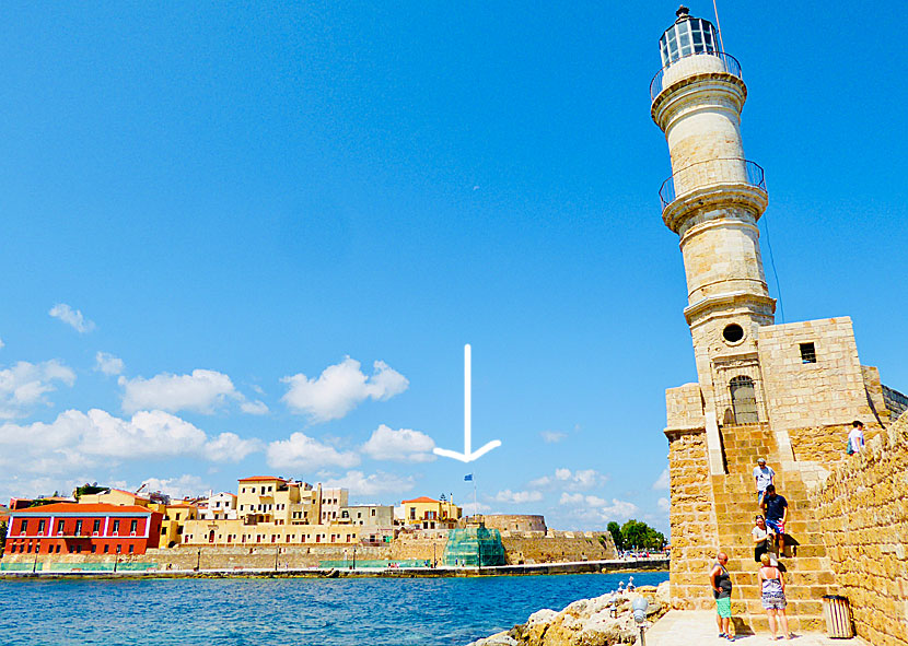 The Maritime Museum of Crete, the Firkas Fortress, the flag, the lighthouse and the breakwater in Chania.