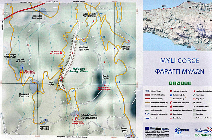 Map of Mili Gorge in Crete.