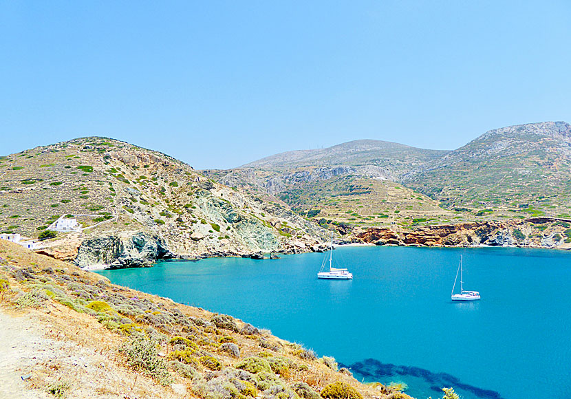 Angali and Fira beaches seen from Galifos and Agios Nikolaos beaches on Folegandros.