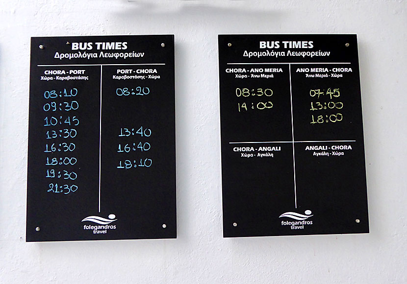 Bus timetable at the bus stop in Chora on Folegandros.