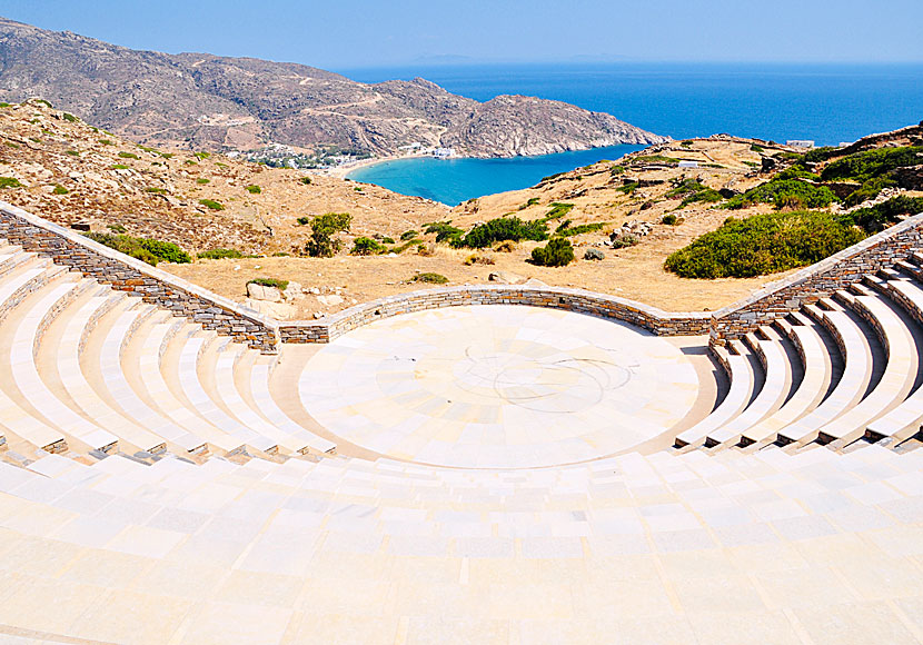 Ios amphitheater and the fantastic view of Mylopotas beach.