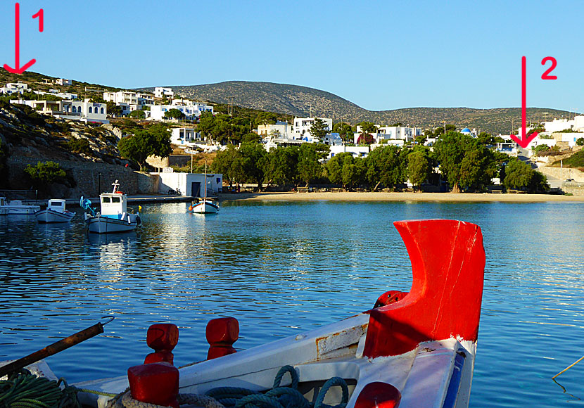 The beautiful port and the nice port beach on Iraklia island in the Cyclades.