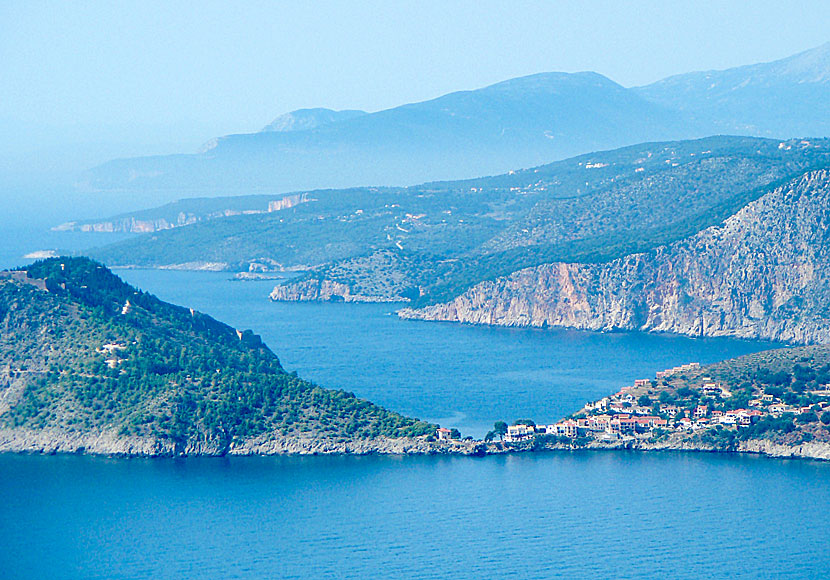 The cozy village of Assos seen from the lookout point above Myrtos beach on Kefalonia.