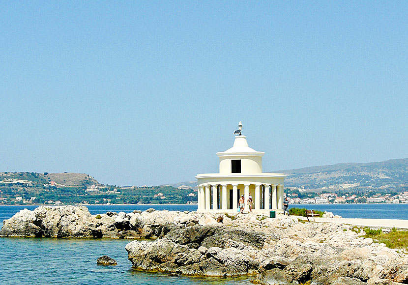 The Agioi Theodori lighthouse is located after Fanari beach on the island of Kefalonia in Greece.