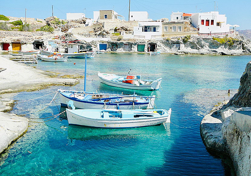 Some of the cute fishing boats and colourful boat houses in Goupa on Kimolos in Cyclades.