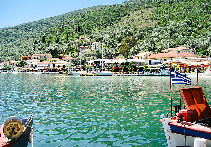 Restaurants and tavernas are lined up along the cozy port promenade in Sivota on Lefkada.
