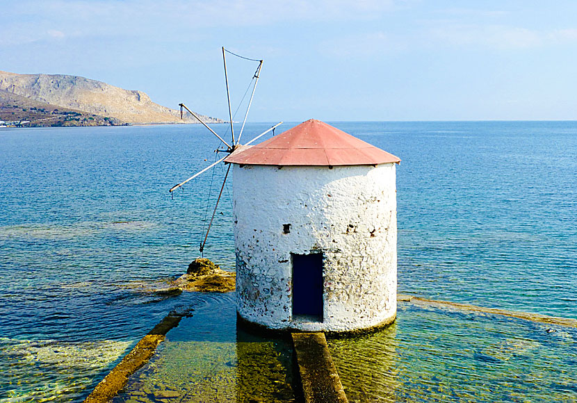 The famous windmill outside Mylos Fish Restaurant in Agia Marina on Leros in Greece.