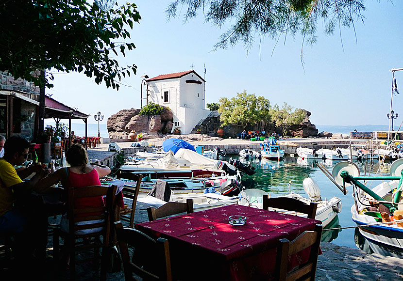 Restaurants  and Church of the Mermaid Madonna in Skala Sikaminias.