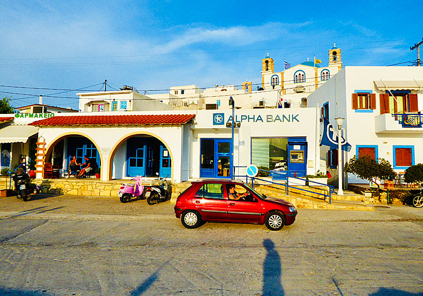 Shops, ATMs, car rental and moped rental at Lipsi island.