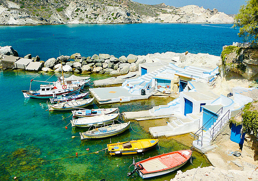 Colorful boats and cute boathouses (Smyrna) in Mandrakia on Milos.