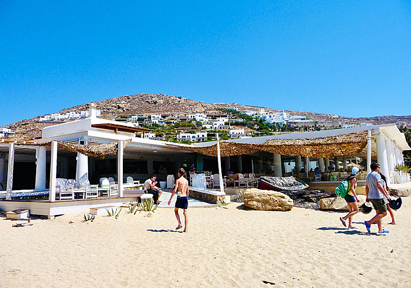 Bars and restaurants on Elia beach on Mykonos in the Cyclades.