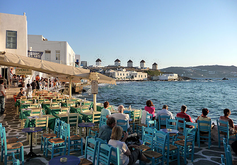 Little Venice and the windmills in Mykonos Town.