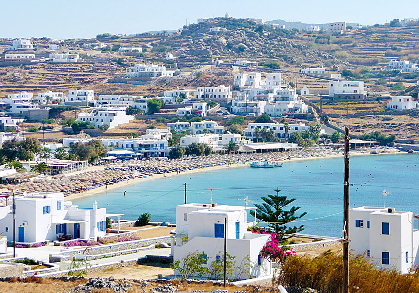 Platis Gialos beach on Mykonos in Greece.