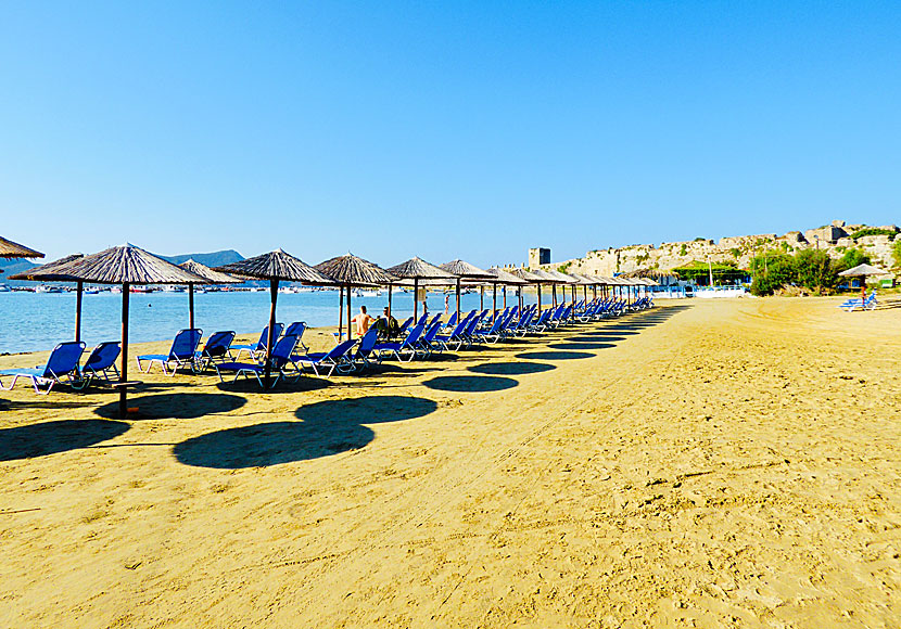 Sunbeds and parasols are available for rent at Methoni beach in the Peloponnese.