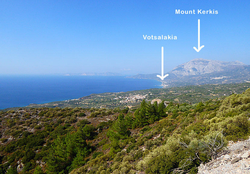 The villages of Marathokampos and Votsalakia under Mount Kerkis on Samos in Greece.
