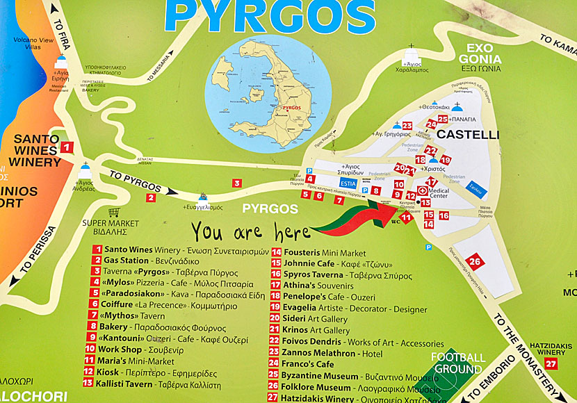 Map of the village of Pyrgos in Santorini.
