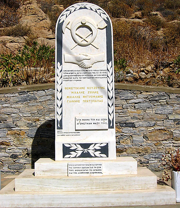 Memorial to the four miners who were shot to death in 1916 in Megalo Livadi on Serifos in Greece.