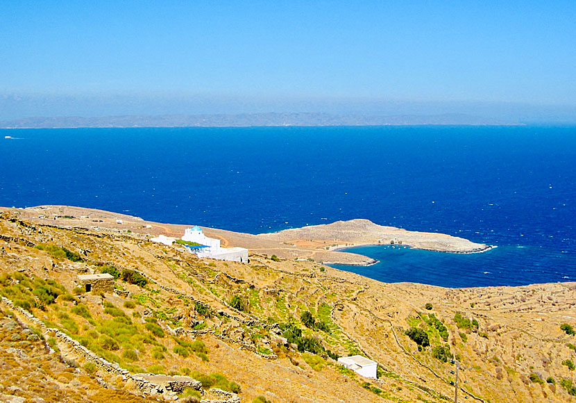 Panagia Skopiani church and Platis Gialos beach on Serifos.