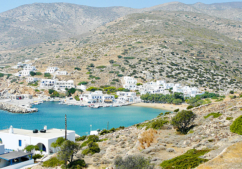 The port and beach of Alopronia on Sikinos in the Cyclades.