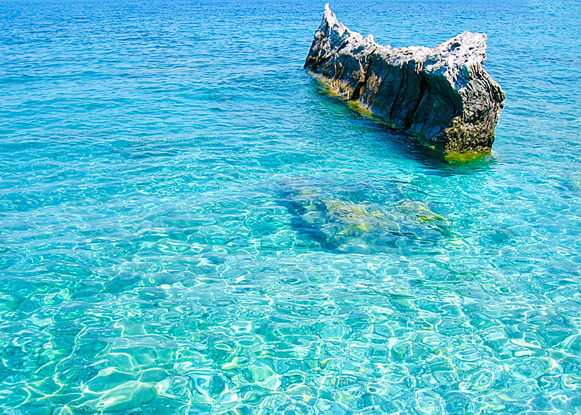 The water below the Mamma Mia church is the best on all of Skopelos for those who like to snorkel.