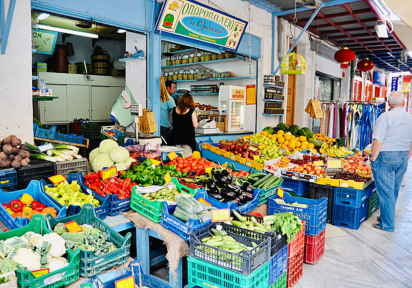 Fish and vegetable market in central Ermoupolis in Syros.