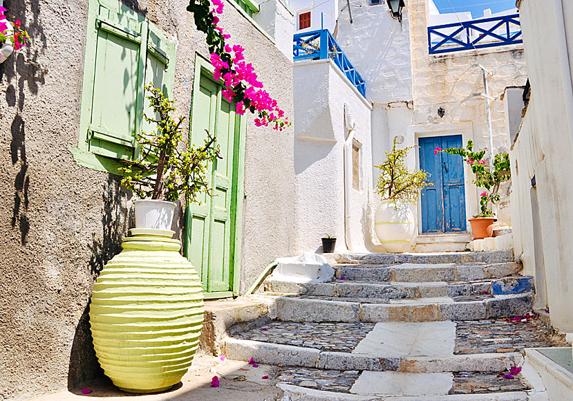 Beautiful houses, alleys, balconies, flowers, doors and windows on Syros in Greece.