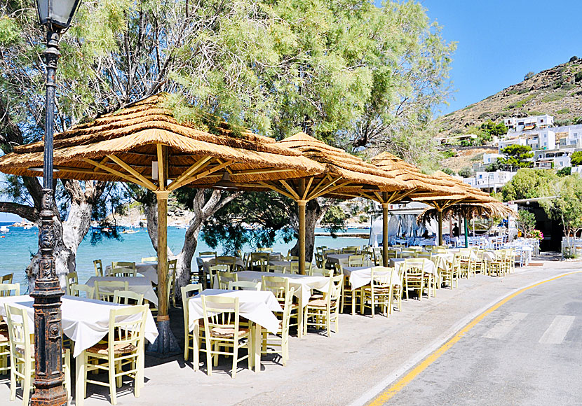 Tavernas along the beach promenade in Kini. Syros.