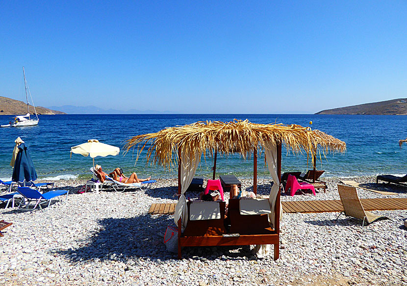 Free sunbeds and parasols at Livadia beach on Tilos.