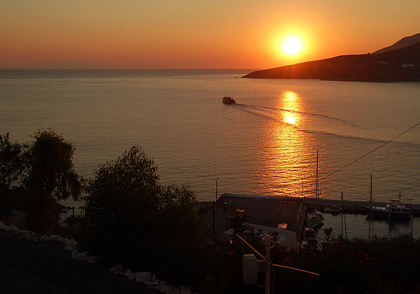 The small car ferry Panagia Spiliana leaves Livadia on Tilos for further travel towards Kamiros Skala in Rhodes.