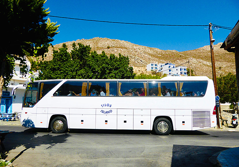 The bus stop on the square in Livadia in Tilos.