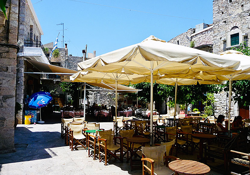 In the square of the car-free mastic village of Mesta on Chios, there are several good Greek restaurants and taverns.