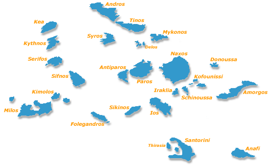 Map of the Cyclades islands in Greece.