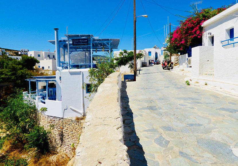 Shops and restaurants in the port of Agios Georgios on the island of Iraklia in Greece.