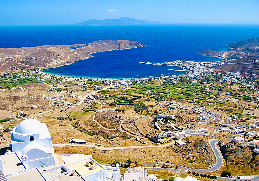 View of Livadi and Livadaki beach from Chora on Serifos in the Cyclades.