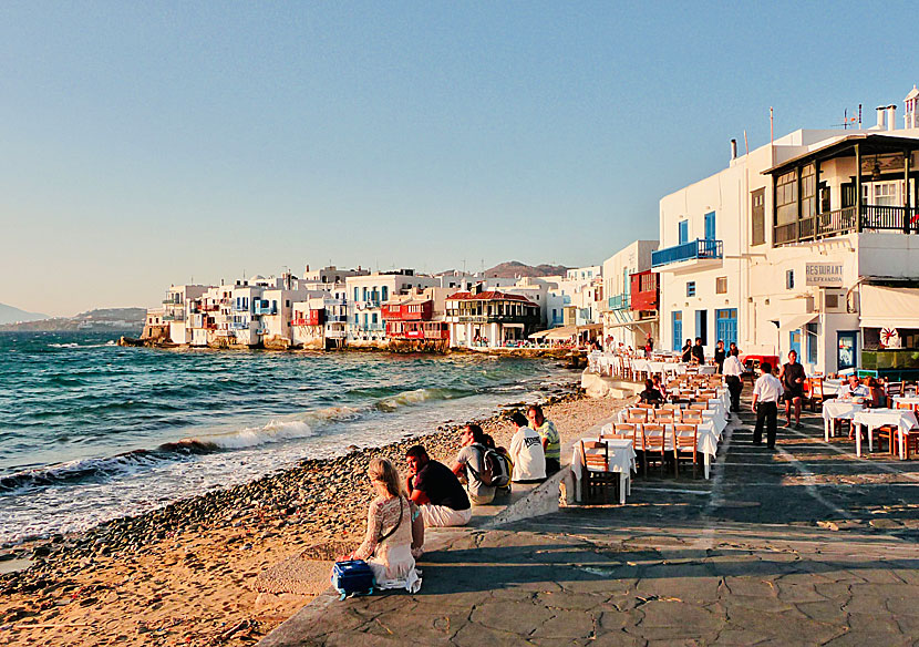 Restaurants, tavernas and bars in Little Venice in Chora on Mykonos in Greece.