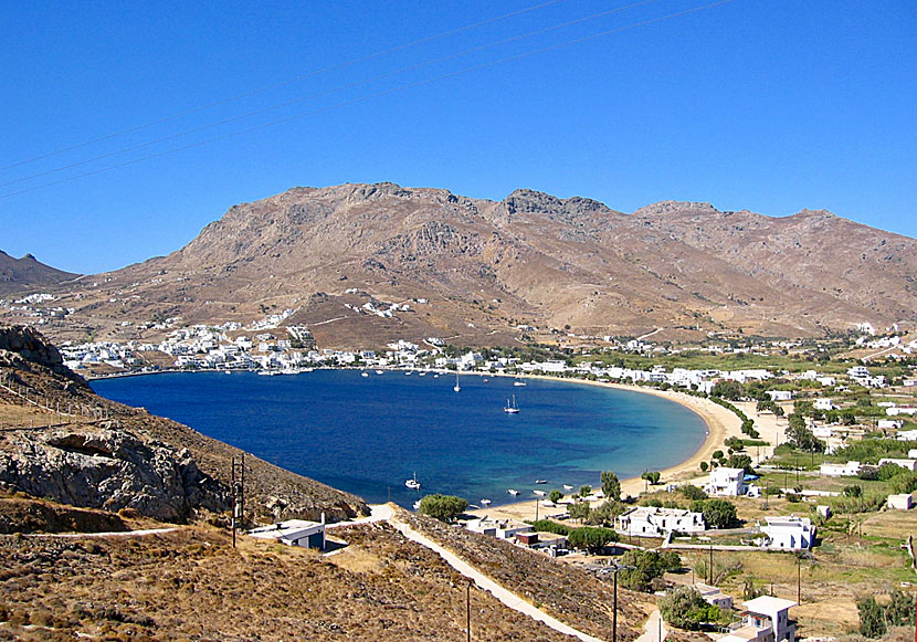 Livadi beach and village on Serifos in Greece.