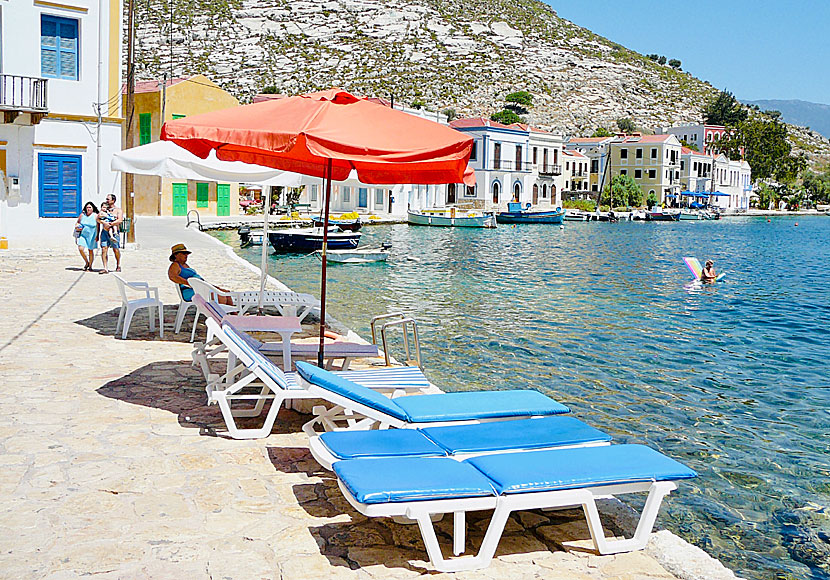Sunbeds and umbrellas are available in the large swimming pool in Megisti on Kastellorizo.