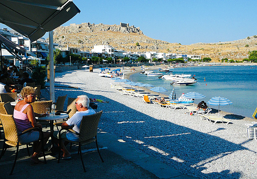 Haraki beach and village on Rhodes in Greece.