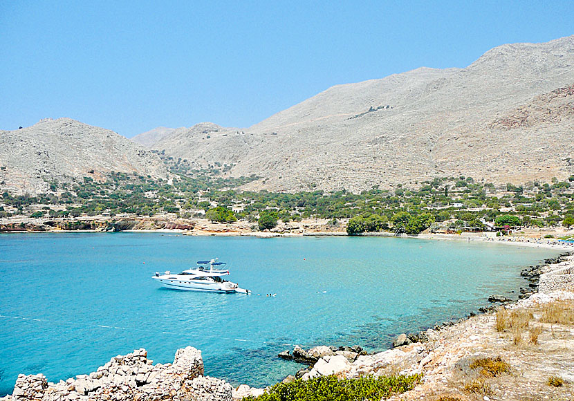 The sandy beach of Pondamos is about a 10-minute walk from the village of Emborio on Chalki.