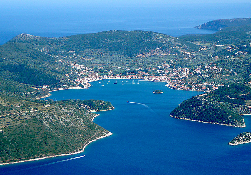 View of Vathy and the beautiful bay and the small island of Lazareto on Ithaca.
