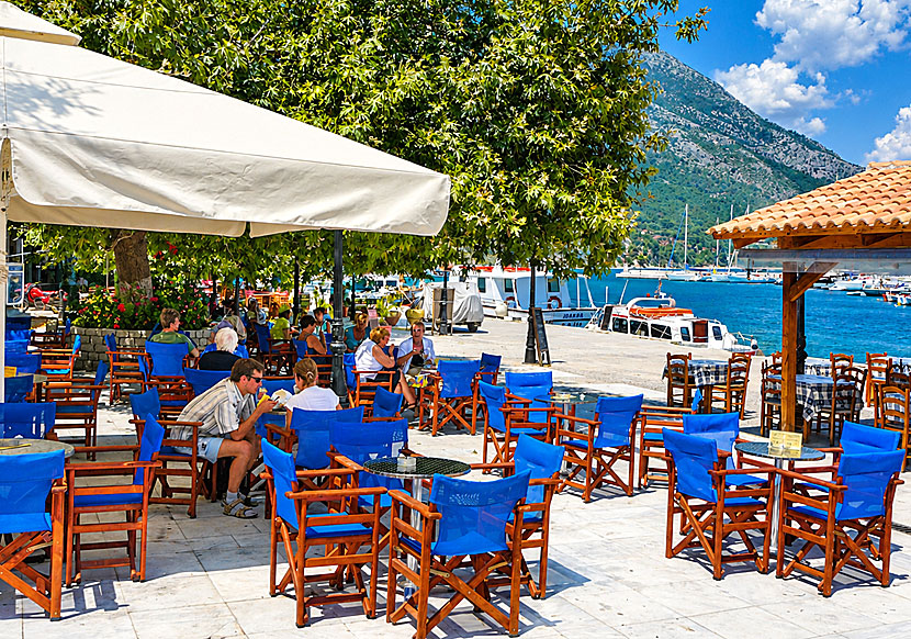 Caf&eacute;s, tavernas, and restaurants on the island of Kalamos in Greece.