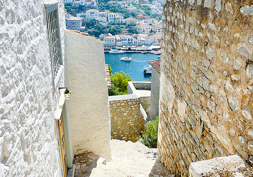 Leonard Cohen's house and street on the island of Hydra in Greece.